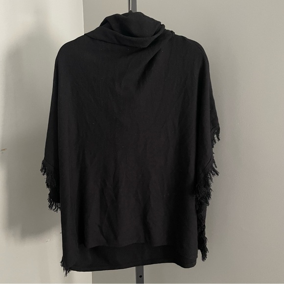 Chico's Black Poncho Sweater Fringe Trim Cowl Neck Size Large/XL - Picture 2 of 4